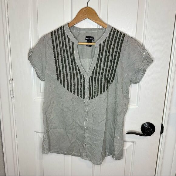 Y2K Wet Seal Green White Pleated Striped Blouse Sz L Cottagecore Western Retro - Picture 1 of 6